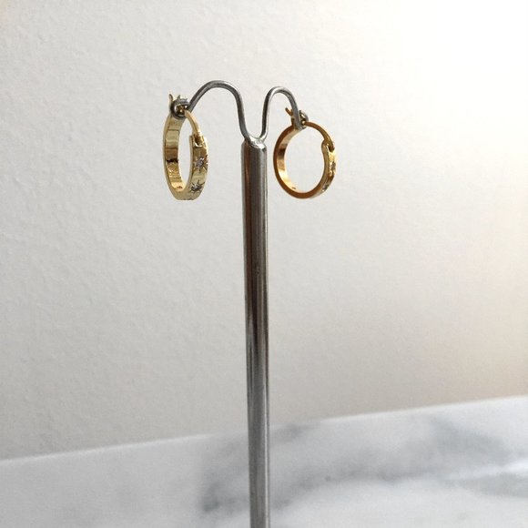Dainty Gold Plated Huggie Hoop Earrings with Cubic Zirconia Stones - Picture 2 of 8